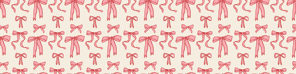 Valentine seamless bow pattern with hand-drawn pink ribbons on beige background, romantic repeating design for wrapping paper, fabric, stationery, and decor