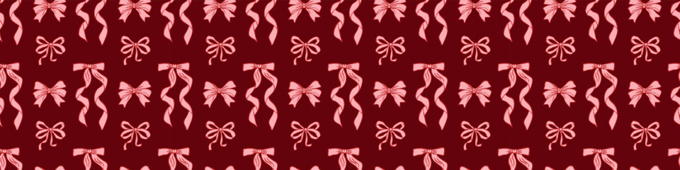 Valentine seamless bow pattern with hand-drawn pink ribbons on dark red background, romantic repeating design for wrapping paper, fabric, packaging, and stationery