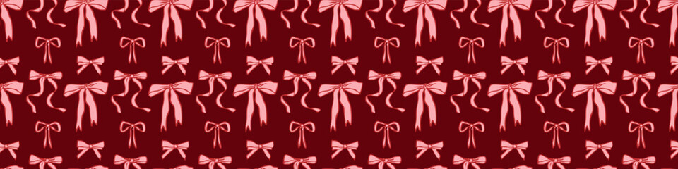 Valentine seamless bow pattern with hand-drawn pink ribbons on dark red background, romantic repeating texture for wrapping paper, fabric, stationery, and decor