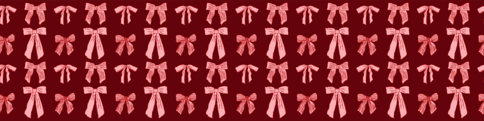 Valentine seamless bow pattern with hand-drawn pink ribbons on dark red background, romantic repeating texture for wrapping paper, fabric, packaging, and stationery
