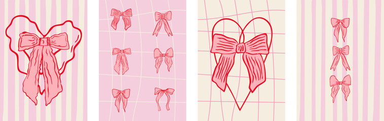 Valentine bow illustration set with hand-drawn pink ribbons and hearts on striped and grid backgrounds, cute romantic cards for love messages, posters, and social media