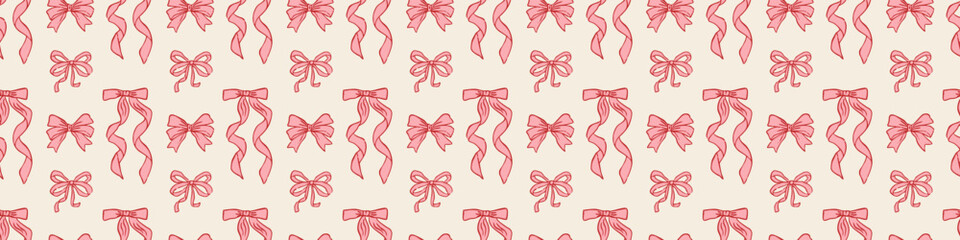 Valentine seamless bow pattern with hand-drawn pink ribbons on beige background, romantic repeating design for wrapping paper, fabric, packaging, and stationery