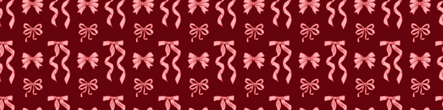 Valentine seamless bow pattern with hand-drawn pink ribbons on dark red background, romantic repeating design for wrapping paper, fabric, packaging, and stationery