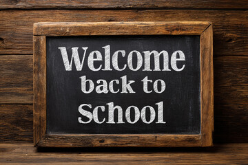 A rustic wooden blackboard with the words "Welcome back to School" written in chalk