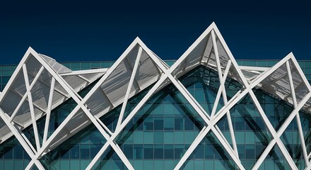 Geometric White Metal Structure Against Deep Blue Sky, Modern Architecture.