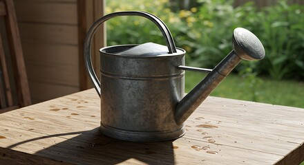 Glistening Galvanized Watering Can on Rustic Wooden Table, Strong Sunlight, Garden Backdrop.