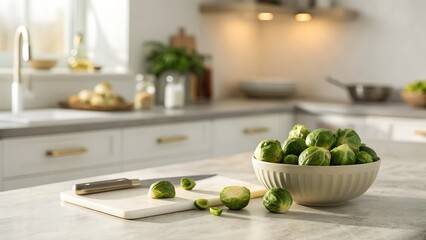Fresh Brussels Sprouts in Bowl on Kitchen Counter with Cutting Board Natural Lighting