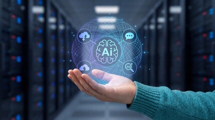 Person holding glowing AI brain with icons in data center