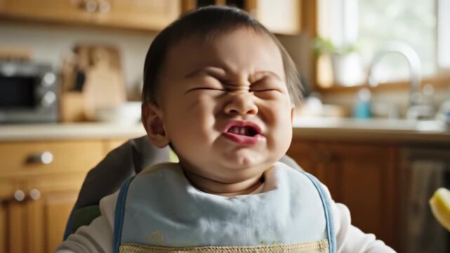 Discover the delightful moment when a curious baby tastes lemon for the first time. Watch as cute expressions unfold in a warm kitchen filled with love and laughter.