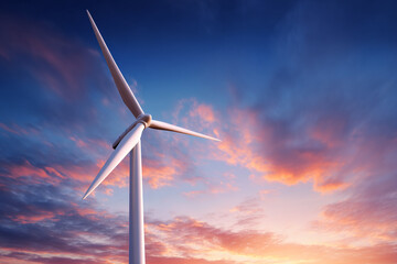 majestic wind turbine against a vibrant sunset sky with dramatic clouds