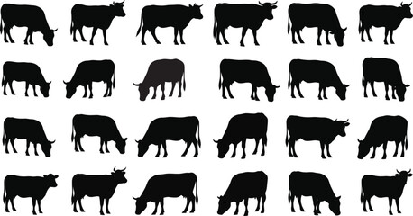 Collection of cow silhouettes in various poses