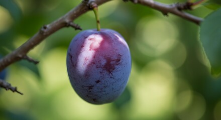 Imperfect Plum - A Single, Blemished Purple Plum Hanging on a Branch.