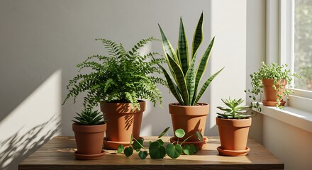 Indoor Garden Oasis - Assorted Potted Plants Bathed in Soft Sunlight by a Window.