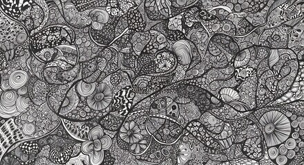 Intricate Black and White Pen and Ink Abstract Illustration, Detailed Patterns, Organic Forms.