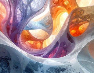 Abstract organic artwork with fluid, swirling forms in a spectrum of colors