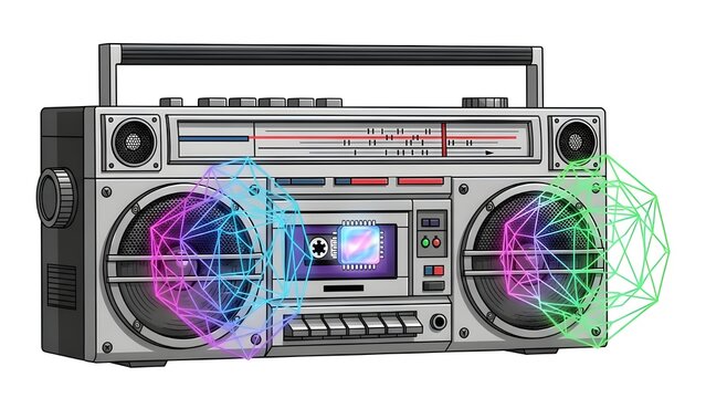 Retro Futuristic Boombox with Neon Audio Visualizer for Social Media Motion Graphics - Powered by Adobe