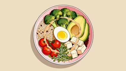 Healthy meal bowl with vegetables and egg