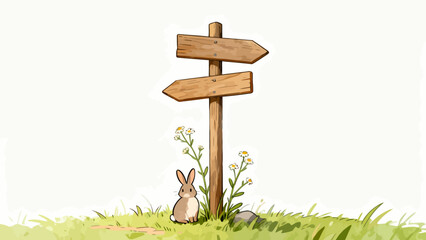 Rabbit near wooden signpost © Scuti