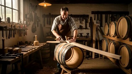 Craftsman Shaping Wooden Barrel in Workshop Environment