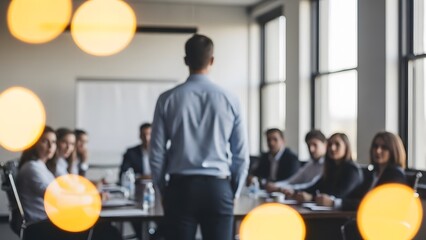 A man presents to a group of people in a conference room setting
