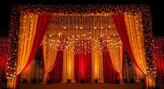 Illuminated Indian wedding stage backdrop with red and gold curt