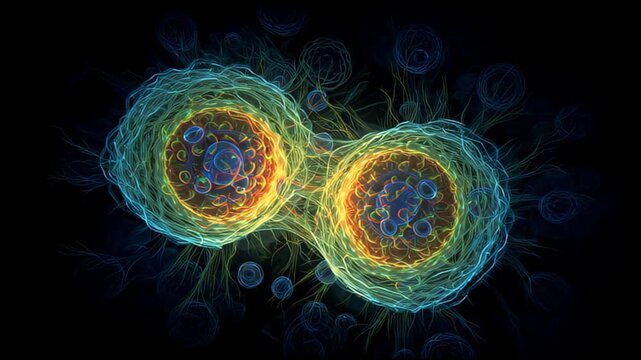 Abstract visualization of two cells dividing, representing biological processes and growth