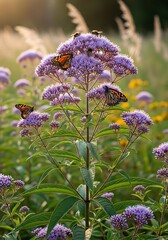Butterflies on Purple Flowers in a Natural Garden.