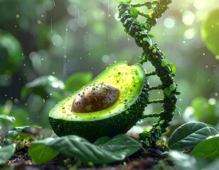 Half avocado nestled on ground, with DNA and plant life