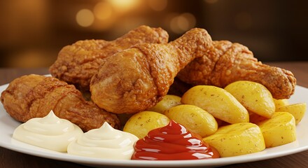Irresistible Golden Fried Chicken Platter with Roasted Potatoes and Dipping Sauces.