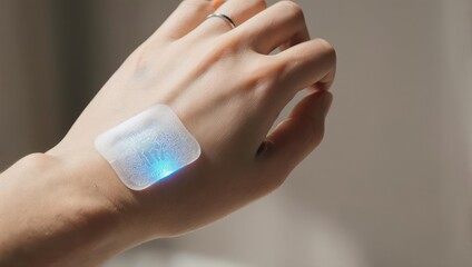 Wearable Technology - Blue Light Patch on Hand for Health Monitoring.
