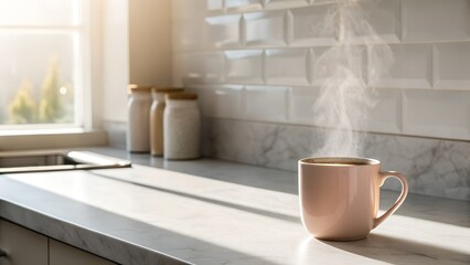Obraz premium Cozy Kitchen Scene with Steaming Pink Mug on Countertop Bathed in Warm Sunlight