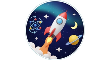 Rocket Launching into Space with Planets and Stars.