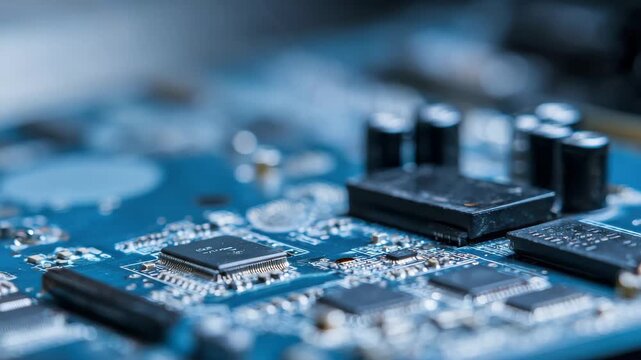 Technician works on computer circuit board with a tool in a workshop during daytime