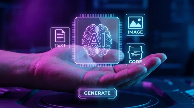 Hand holding AI brain with text image code generate buttons - Powered by Adobe