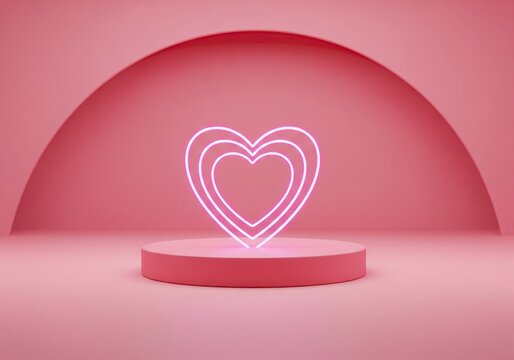 Pink neon heart sculpture on modern circular pedestal with arch