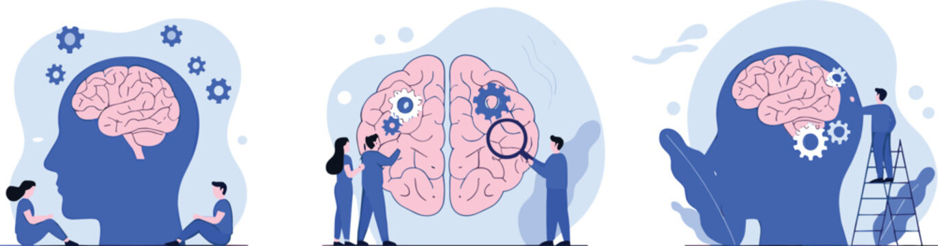 Mental health and psychology vector illustration set with people studying human brain using gears and magnifying glass for mindfulness and cognitive research concept design