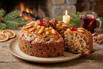 Fototapeta premium Festive Christmas Fruitcake with Almonds and Glazed Cherries by a Fireplace