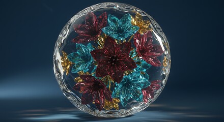 Luminous Crystal Orb Capturing a Constellation of Jewel-Toned Glass Flowers.