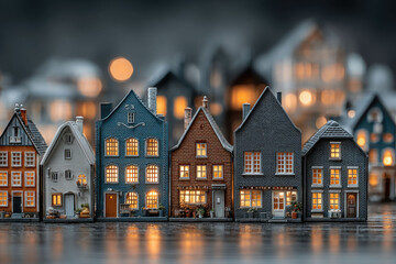 Real estate. Neat little European-style houses at night, colorful bokeh. Using blockchain technology to register property rights