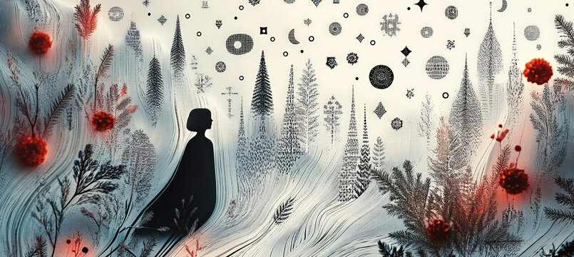 A solitary figure walking through a snowy forest with floating ornaments and falling snow, creating a dreamy surreal winter illustration.