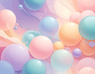 Abstract pastel artwork with large, glossy spheres in a gradient cloud-like background