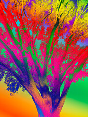 tree in wild psychedelic color fills the image 