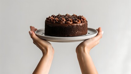 Hands Holding A Rich Chocolate Cake With Dark Frosting And Sprinkles On A White Plate
