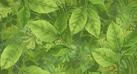 Lush Green Foliage Pattern with Detailed Leaf Veins and Soft, Natural Lighting.