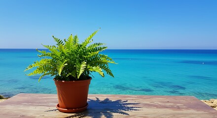 Lush Green Potted Fern Thrives Against Vibrant Turquoise Ocean Horizon Under Bright Sunny Sky.