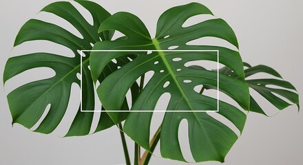 Lush Monstera Deliciosa Leaves with Minimalist White Frame, Vibrant Green Foliage.