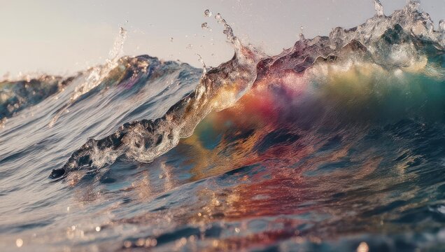 Close up of a powerful ocean wave crashing with colorful light reflections.