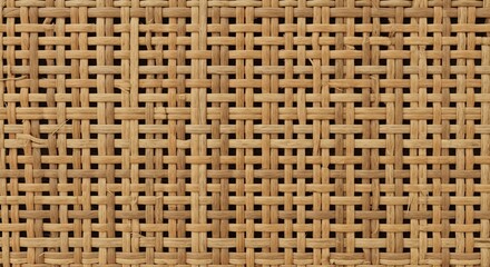 Seamless texture of natural light brown woven fibers forming a tight grid pattern with dark interstices