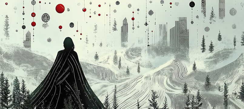 A cloaked figure walking through a snowy field with floating shapes and falling snow, forming a mysterious surreal winter illustration.