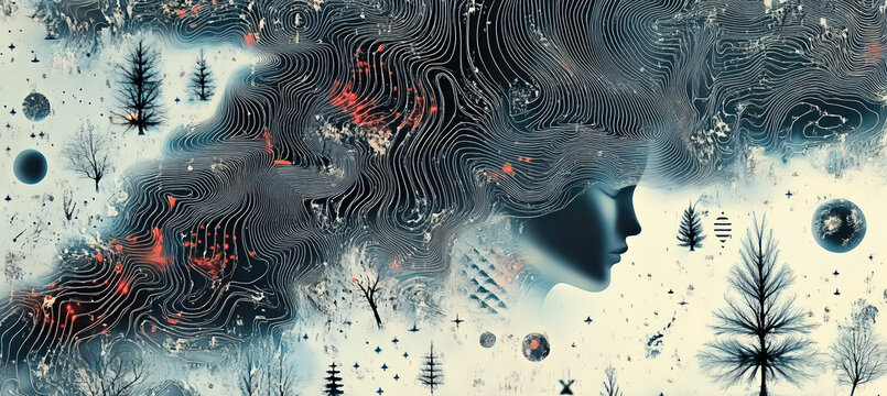 A dark flowing winter texture resembling smoke and clouds above snowy ground, creating a surreal atmospheric composition.